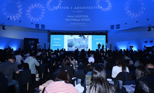 Architects Jean Philippe Vassal and Anne Lacaton speak during a session at the Herald Design Forum 2024 held in Seoul on Tuesday. (Lee Sang-sub/The Korea Herald)