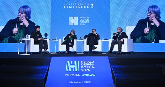 From left, moderator Moon Hyeong-geun, French architects Anne Lacaton, Jean Philippe Vassal and Jean-Michel Wilmotte talk at a roundtable session during the Herald Design Forum 2024 held in Seoul on Tuesday. (Im Se-jun/The Korea Herald)