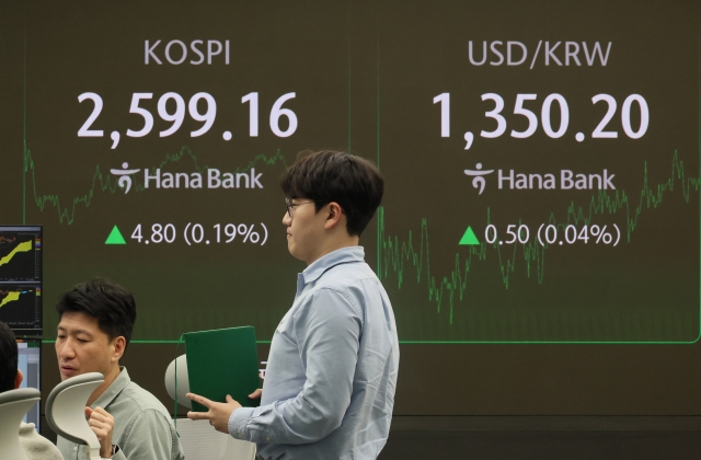 An electronic board showing the Korea Composite Stock Price Index at a dealing room of the Hana Bank headquarters in Seoul on Thursday. (Yonhap)