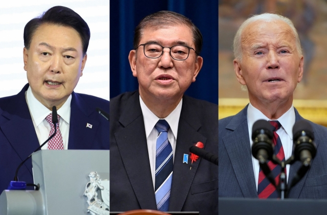 From left: President Yoon Suk Yeol, Japan's Prime Minister Shigeru Ishiba and US President Joe Biden (Photos via Yonhap, AFP and AP)