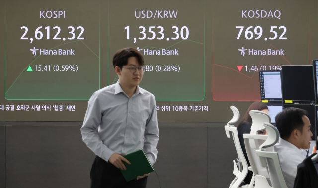 An electronic board showing the Korea Composite Stock Price Index at a dealing room of the Hana Bank headquarters in Seoul on Monday. (Yonhap)