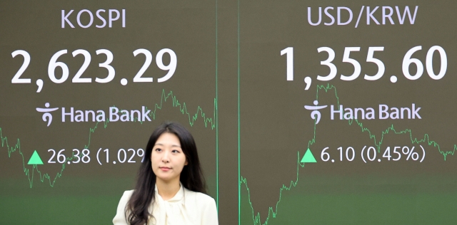 An electronic board showing the Korea Composite Stock Price Index at a dealing room of the Hana Bank headquarters in Seoul on Monday. (Yonhap)