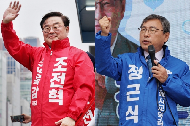 These images show Cho Jun-hyuk (left), a conservative former one-term lawmaker, and Jung Keun-sik, a progressive honorary professor of sociology at Seoul National University, campaigning for their runs for the Seoul education superintendent on Sunday. (Yonhap)