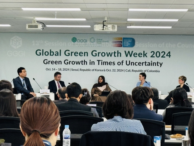 Ramin Hasanov, Ambassador of Azerbaijan to Korea(second from left) speaks at Global Green Growth Week 2024 at Global Green Growth Institute in Jung-gu, Seoul on Wednesday. (Sanjay Kumar/ The Korea Herald)