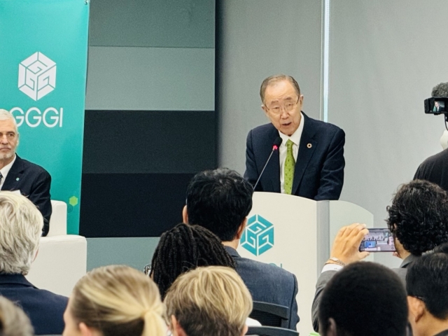 Former United Nations Secretary-General Ban Ki-moon speaks at Global Green Growth Week 2024 at Global Green Growth Institute in Jung-gu, Seoul on Wednesday. (Sanjay Kumar/ The Korea Herald)