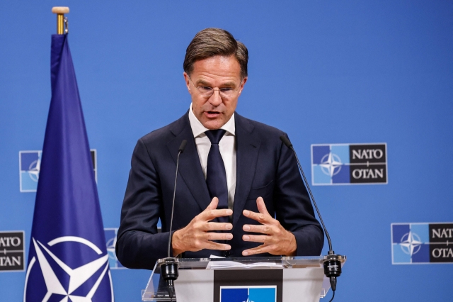 NATO Secretary General Mark Rutte addresses the media during a press conference with Finland's President at the NATO headquarters in Brussels, on October 8. (AFP)