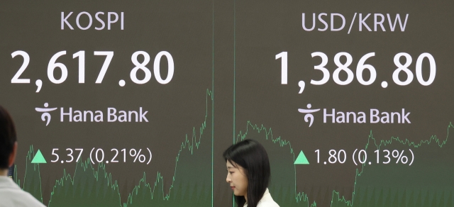 An electronic board showing the Korea Composite Stock Price Index at a dealing room of the Hana Bank headquarters in Seoul on Tuesday. (Yonhap)