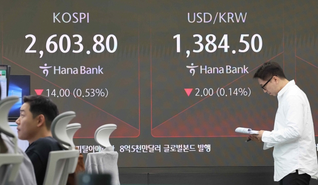 An electronic board showing the Korea Composite Stock Price Index at a dealing room of the Hana Bank headquarters in Seoul on Wednesday. (Yonhap)