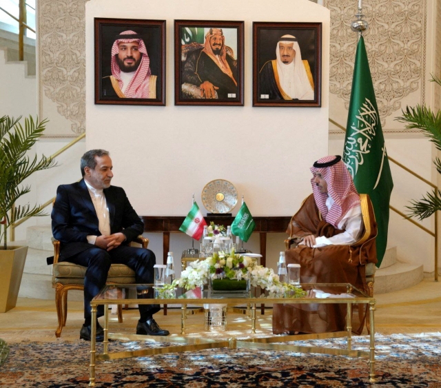 Iranian Foreign Minister Abbas Araqchi meets with Saudi Arabia Foreign Minister Prince Faisal bin Farhan Al Saud, in Riyadh, Saudi Arabia, October 9, 2024. Iran's Foreign Ministry/WANA (West Asia News Agency)/Handout via REUTERS