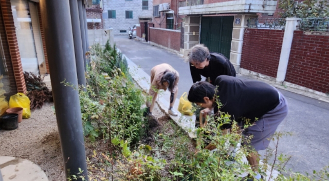 Third Place 6 residents and Park Chang-hyun, CEO of A Round Architects (middle), plant saplings in the front garden, Oct. 20. (Lee Jung-youn/The Korea Herald)