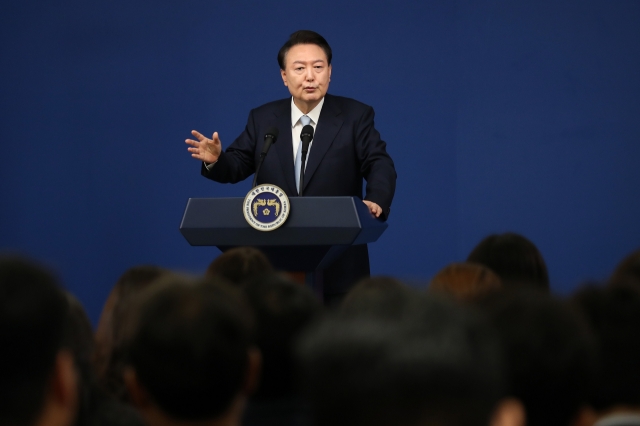 South Korean President Yoon Suk Yeol speaks during a briefing on state affairs and press conference at the presidential office on Aug. 29 in Seoul, South Korea. President Yoon Suk Yeol announced a set of major reform measures in the pension, health care, education and labor sectors. (Getty Images)