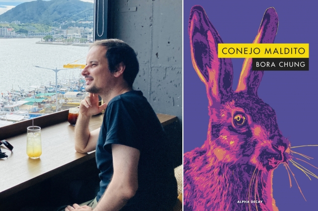 Spanish translator Maldonado (left) and his translation of Bora Chung’s “Cursed Bunny” (Courtesy of Maldonado, Alpha Decay)