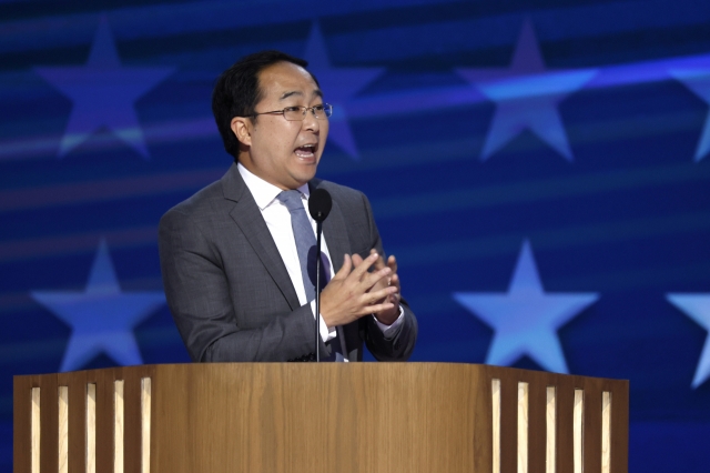 US Rep. Andy Kim speaks on stage during the third day of the Democratic National Convention at the United Center on Aug. 21, in Chicago, Illinois. (Getty Images)