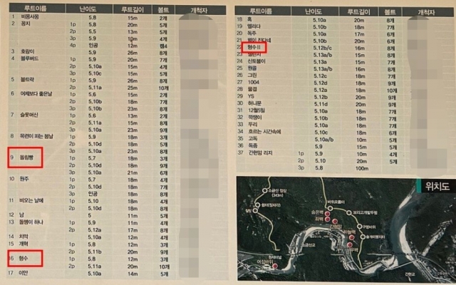 The names of three rock climbing routes accused of being misogynistic are seen in this undated photo of a sign in a rock climbing park in Wonju, Gangwon Province. (Online Community)