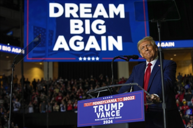 Then-Republican presidential nominee former President Donald Trump speaks at a campaign rally at PPL Center, on Oct. 29, 2024, in Allentown, Pa. (AP)