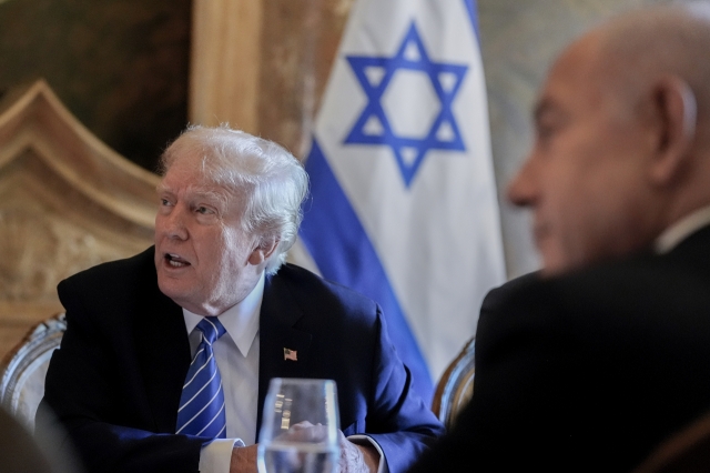 Then-Republican presidential candidate former President Donald Trump meets with Israeli Prime Minister Benjamin Netanyahu at his Mar-a-Lago estate, on July 26, 2024, in Palm Beach, Fla. (AP)