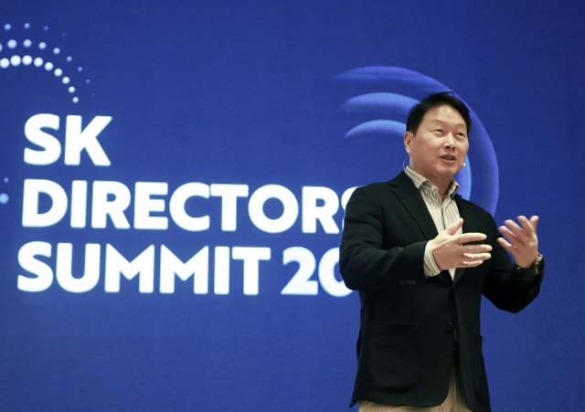 SK Group Chairman Chey Tae-won delivers his opening speech at SK Directors’ Summit 2024, at a Seoul hotel on Thursday. (SK Supex Council)