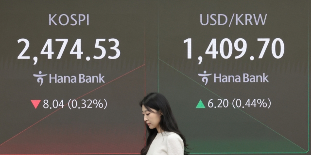 An electronic board showing the Korea Composite Stock Price Index at a dealing room of the Hana Bank headquarters in Seoul on Wednesday. (Yonhap)