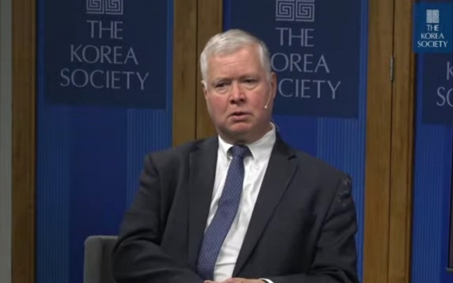 Stephen Biegun, former US deputy secretary of state and top nuclear negotiator, speaks during a forum hosted by The Korea Society on Tuesday. (YouTube account of The Korea Society)