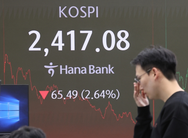 An electronic board showing the Korea Composite Stock Price Index at a dealing room of the Hana Bank headquarters in Seoul on Wednesday. (Yonhap)