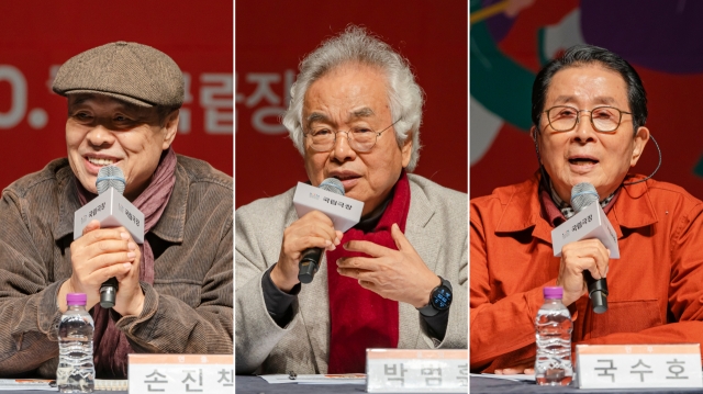 From left, director Sohn Jin-chaek, composer-conductor Park Bum-hoon and choreographer Guk Su-ho speak in a press conference in Seoul on Nov. 5. (National Theater of Korea)