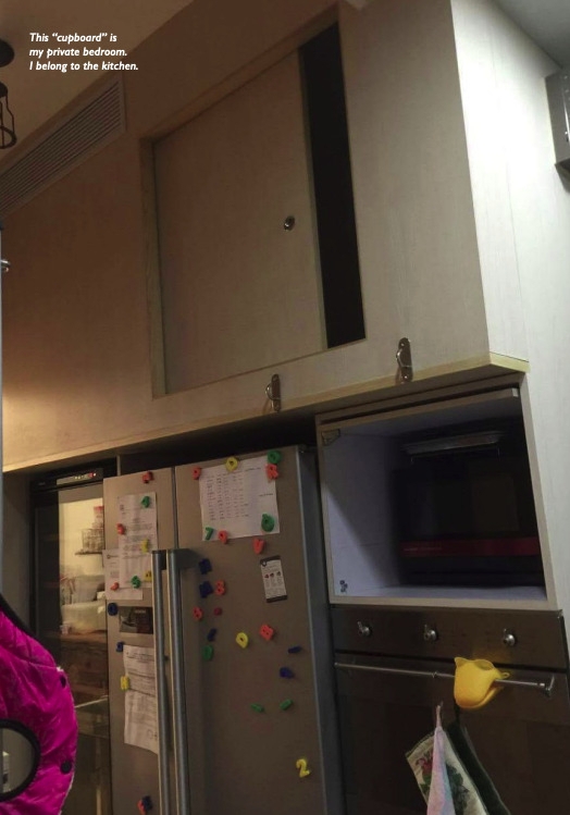 A migrant domestic worker’s “room,” a cupboard in her employer’s kitchen in Hong Kong, is depicted in a May 2017 report by Mission for Migrant Workers. (Screenshot from “Pictures from the Inside” by Mission for Migrant Workers)