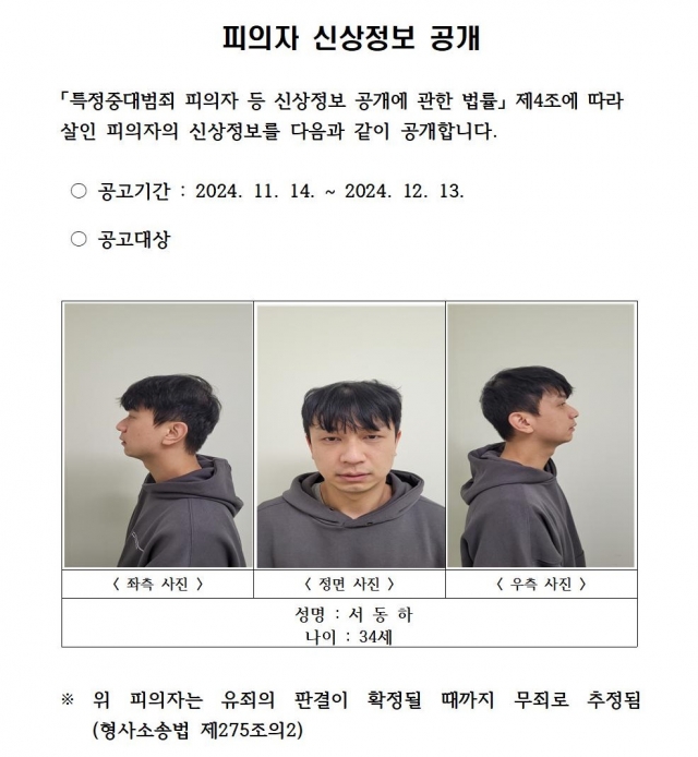 This image posted by the Gyeongbuk Provincial Police Agency on its homepage on Thursday shows the name, age, and mugshot of 34-year-old Seo Dong-ha, accused of murdering his ex-girlfriend and her mother. (Yonhap)