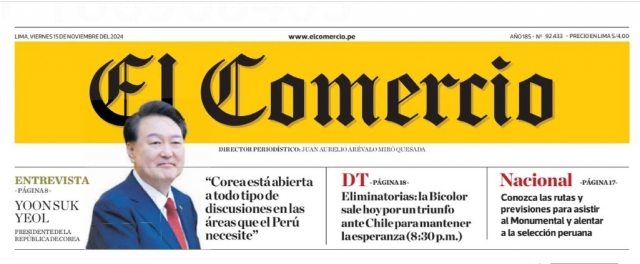 This screenshot of Peruvian newspaper El Comercio on Nov. 15, 2024, shows President Yoon Suk Yeol's interview during his trip to Peru to attend the Asia-Pacific Economic Cooperation summit. (Yonhap)