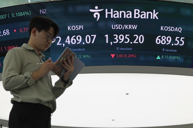 An electronic board showing the Korea Composite Stock Price Index at a dealing room of the Hana Bank headquarters in Seoul on Monday. (Yonhap)