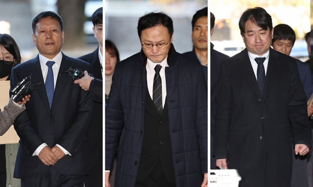 This compilation image shows Qoo10 CEO Ku Young-bae (left), TMON CEO Ryu Kwang-jin (center), and WeMakePrice CEO Ryu Hwa-hyun attending arrest warrant hearings at the Seoul Central District Court on Monday. (Yonhap)