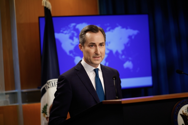 This photo, taken on Oct. 1, shows US State Department spokesperson Matthew Miller speaking during a press briefing at the department in Washington. (Getty Images)