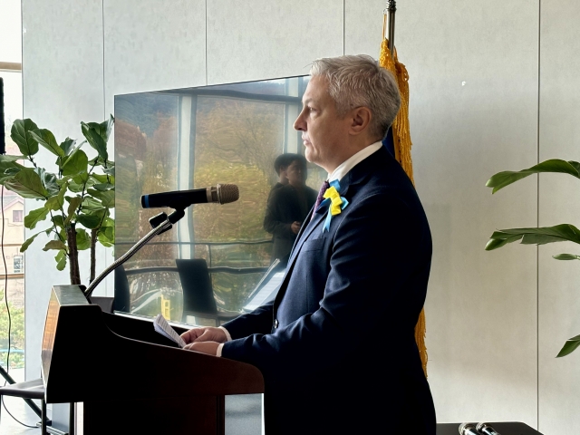 Ponomarenko Dmytro, the Ukrainian ambassador to South Korea, speaks at an event marking 1,000 days since Russia’s full-scale invasion of his country at the War Memorial of Korea in Seoul. (Kim Arin/The Korea Herald)