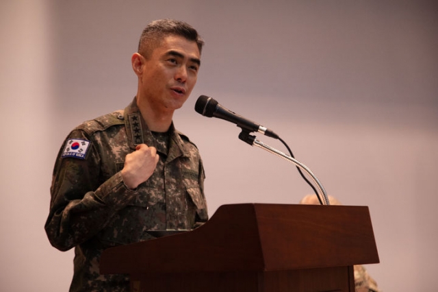 Gen. Kang Shin-chul, the deputy commander of the South Korea-US Combined Forces Command, speaks during a ceremony marking his inauguration at Camp Humphreys in Pyeongtaek, 60 kilometers south of Seoul, on Nov. 2, 2023, in this file photo provided by the CFC. (Newsis)