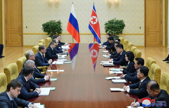 This photo shows Yun Jong-ho (5th from right), the external economic relations minister of North Korea, holding a meeting with Russia's Natural Resources Minister Alexander Kozlov (5th from left) in Pyongyang, Wednesday. (KCNA)