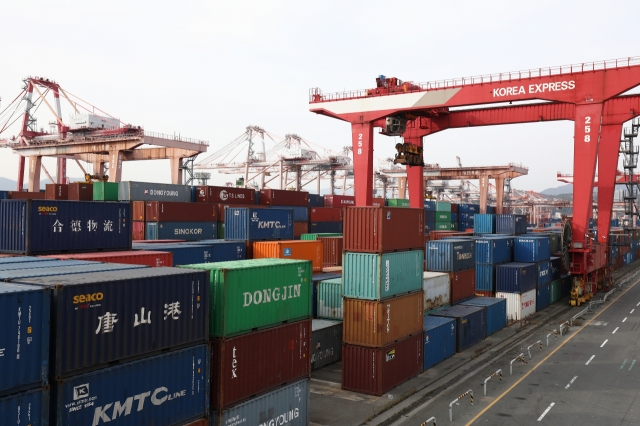 The containers stacked in Busan Port in Busan, South Korea. (Getty Images)