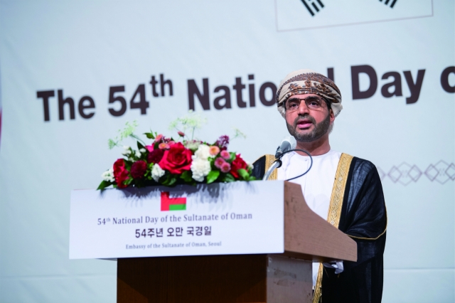 Ambassador of Oman Zakariya al Saadi delivers a speech on Monday in Seoul on Oman's National Day. (Embassy of Oman)