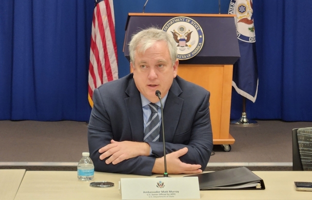 Matt Murray, senior official for Asia-Pacific Economic Cooperation at the State Department, speaks during a press briefing at the Foreign Press Center in Washington on Thursday. (Yonhap)