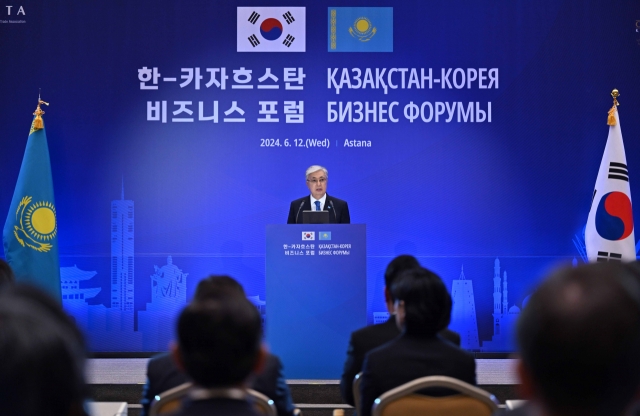 President of the Republic of Kazakhstan Kassym-Jomart Tokayev delivers a speech at the Kazakhstan-Korea Business Forum on June 12, 2024 in Astana. (Office of President of the Republic of Kazakhstan)