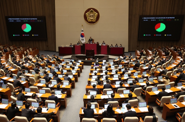 Lawmakers vote for revision to the Act on the Appointment of Independent Prosecutor during a plenary session of the National Assembly in western Seoul on Thursday. (Yonhap)