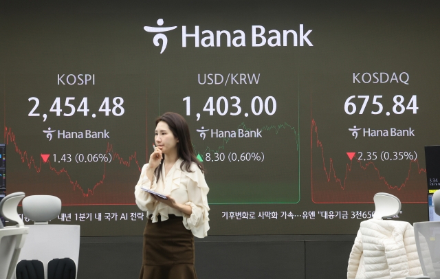 An electronic board showing the Korea Composite Stock Price Index at a dealing room of the Hana Bank headquarters in Seoul on Monday. (Yonhap)