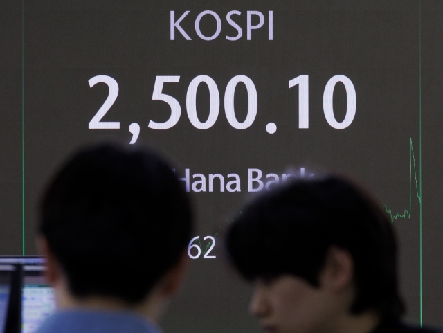 An electronic board showing the Korea Composite Stock Price Index at a dealing room of the Hana Bank headquarters in Seoul on Tuesday. (Yonhap)