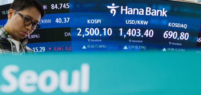 An electronic board at a trading room in Hana Bank headquarters in Seoul shows Kospi price. (Yonhap)