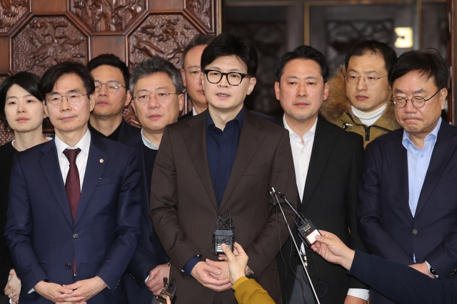 People Power Party Chair Han Dong-hoon speaks at the National Assembly on Wednesday. (Yonhap)