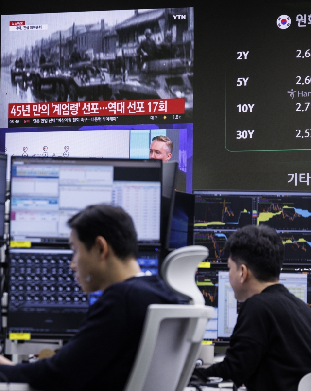 Dealers work at Hana Bank's dealing room in central Seoul on Wednesday, in front of a television screen displaying a news headline about the enactment of martial law for the first time in 45 years. (Yonhap)