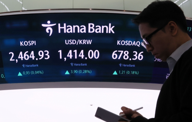 An electronic board showing the Korea Composite Stock Price Index at a dealing room of the Hana Bank headquarters in Seoul on Thursday. (Yonhap)