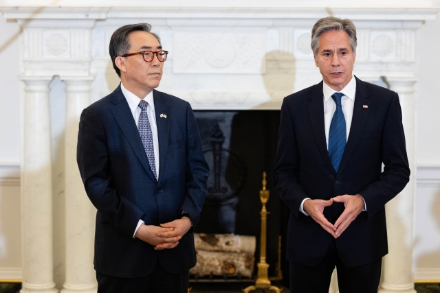 US Secretary of State Antony Blinken speaks to reporters with South Korean Foreign Minister Cho Tae-yul at the Department of State in Washington on Oct. 31, 2024. (US State Department)