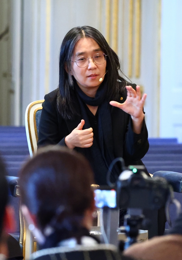 Han Kang, the 2024 Nobel laureate in literature, speaks during a press conference at the Nobel Prize Museum in Stockholm on Friday. (Yonhap)