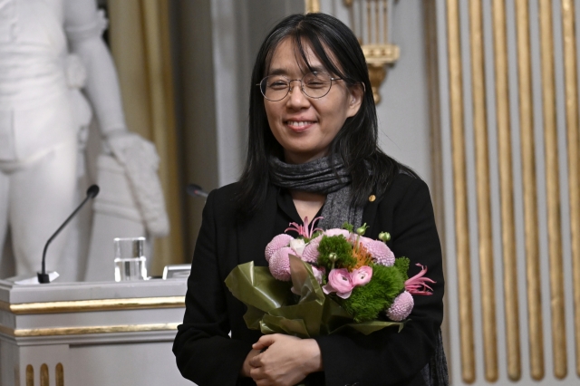 Nobel laureate in literature Han Kang poses after this year's Nobel Prize lecture in literature at the Swedish Academy in Stockholm, Saturday. (AP-Yonhap)