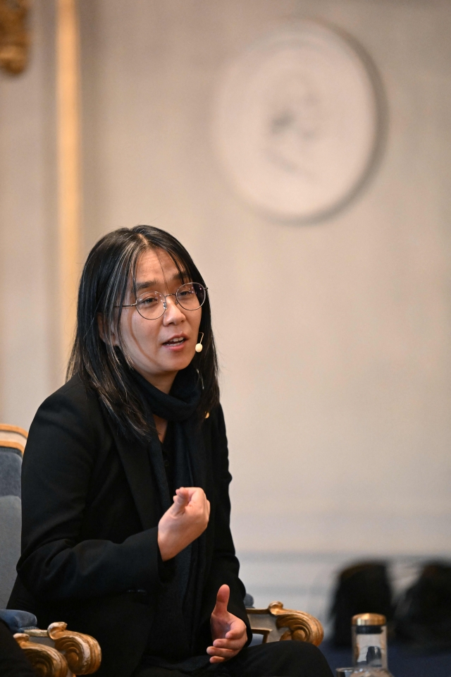 Nobel Prize in literature 2024 laureate and South Korean writer Han Kang addresses a press conference at the Swedish Academy in Stockholm, Friday. (AFP-Yonhap)