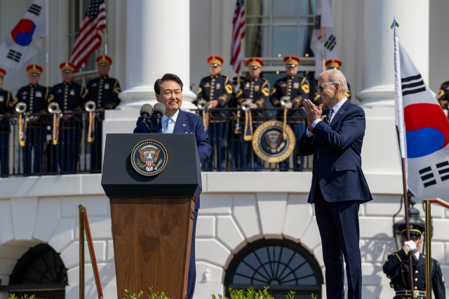 President of the Republic of Korea Yoon Suk Yeol delivers remarks during the Official State Arrival Ceremony in his honor, on April 26, 2023, on the South Lawn of the White House. (White House)